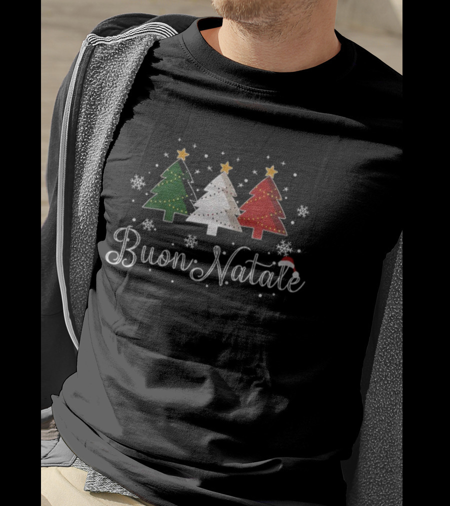Buon Natale Italian Christmas Green White Red Trees Snowflakes Santa Hat T-Shirt