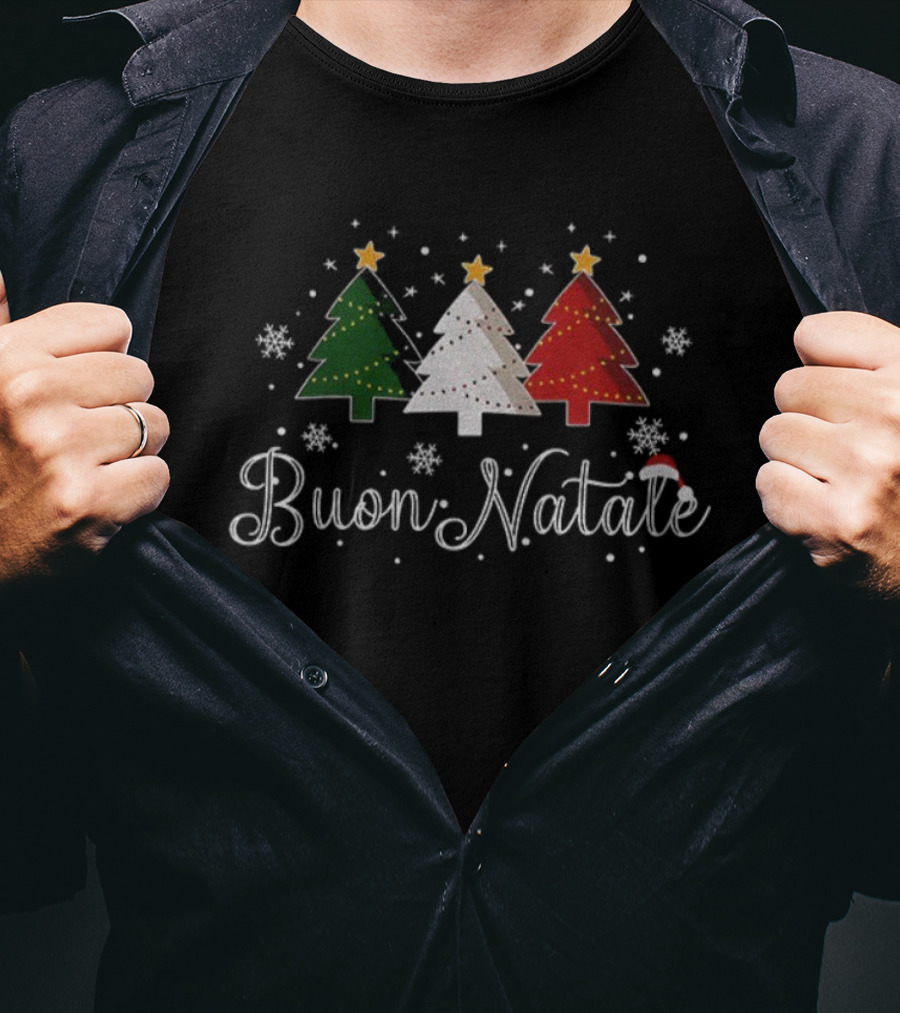 Buon Natale Italian Christmas Green White Red Trees Snowflakes Santa Hat T-Shirt