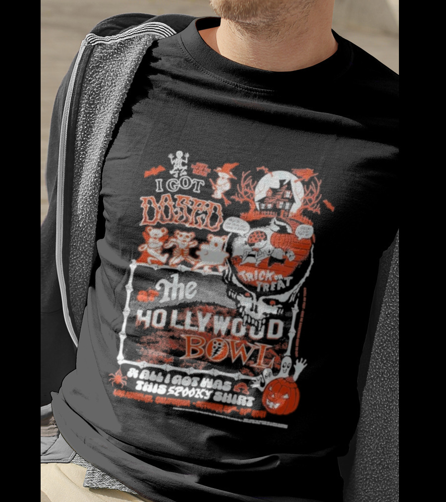Hollywood Bowl Halloween Trick Or Treat I Got Booed Spooky Skeletons Pumpkin Fun T-Shirt