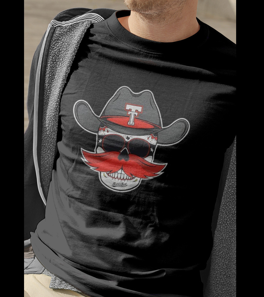 Texas Tech Red Raiders Skull Cowboy Hat And Mustache T-Shirt