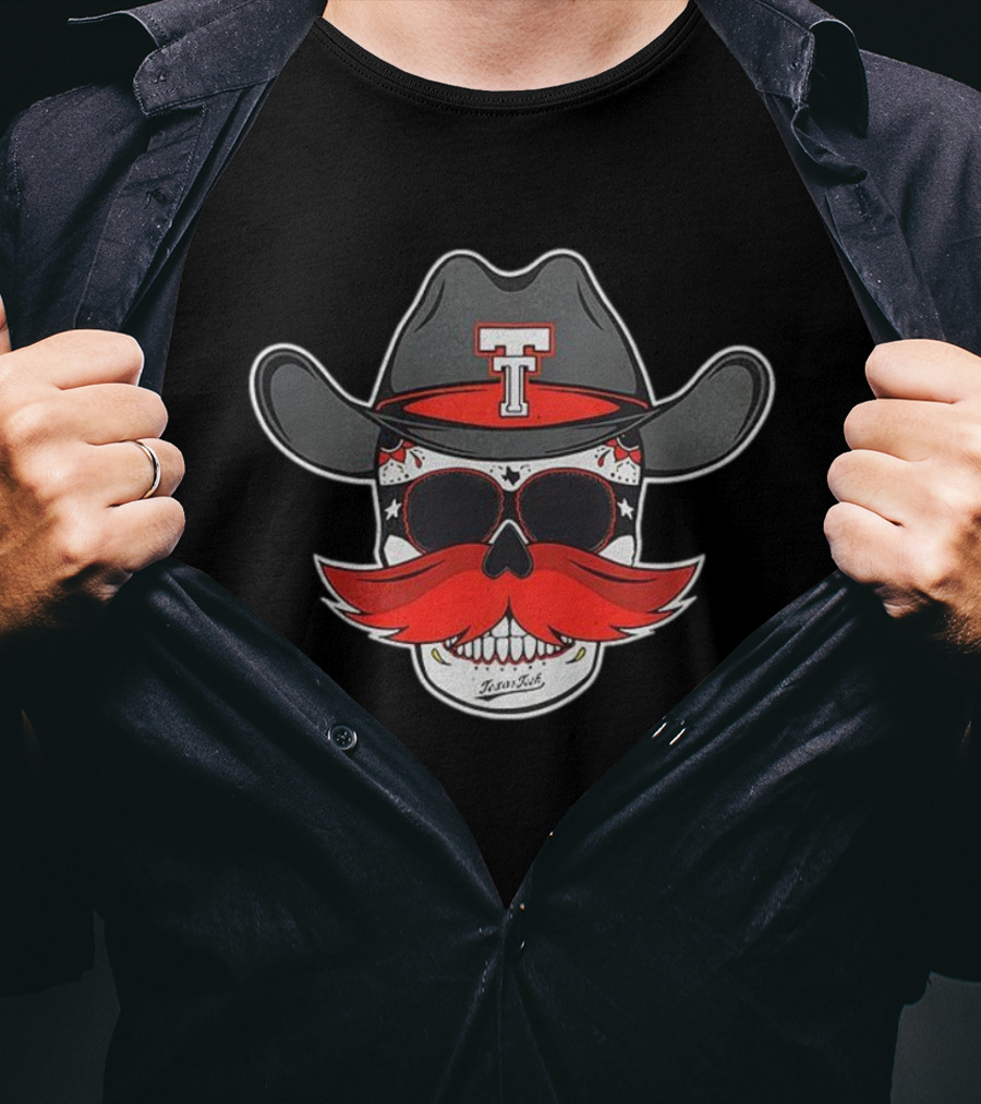 Texas Tech Red Raiders Skull Cowboy Hat And Mustache T-Shirt
