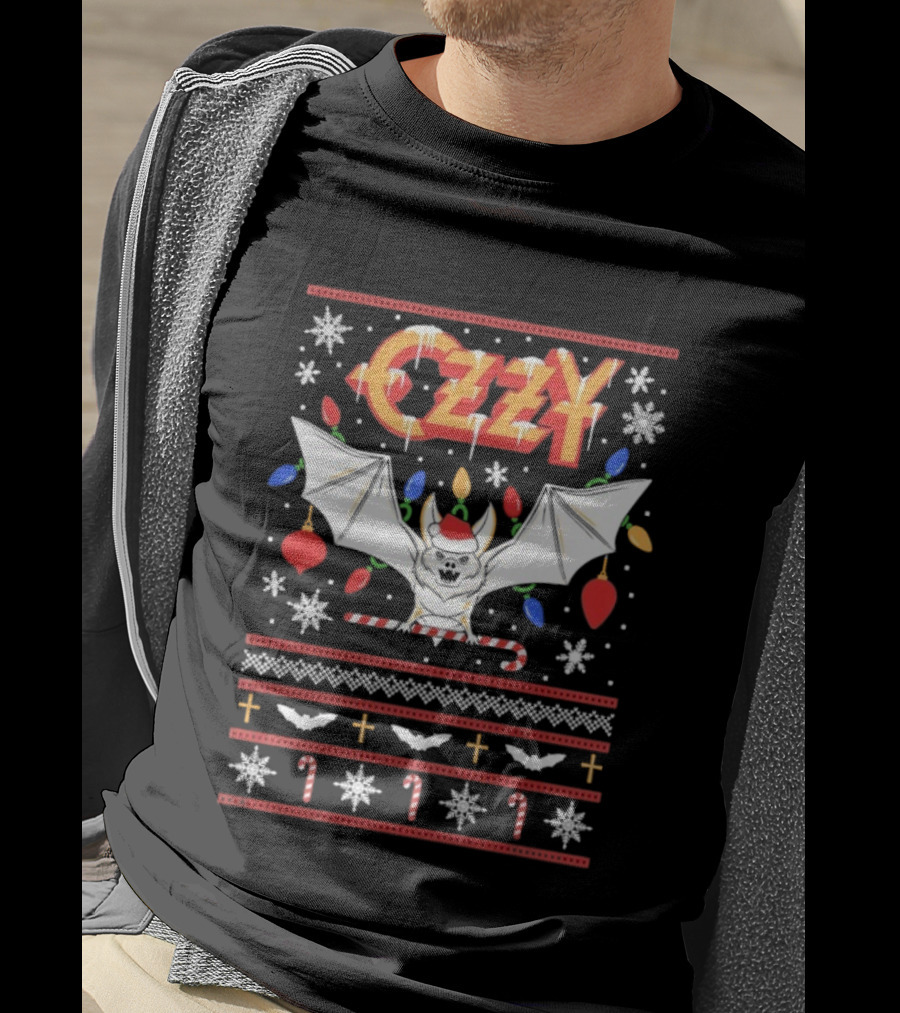Ozzy Osbourne Christmas Bat Lights Holiday Sweater Style T-Shirt