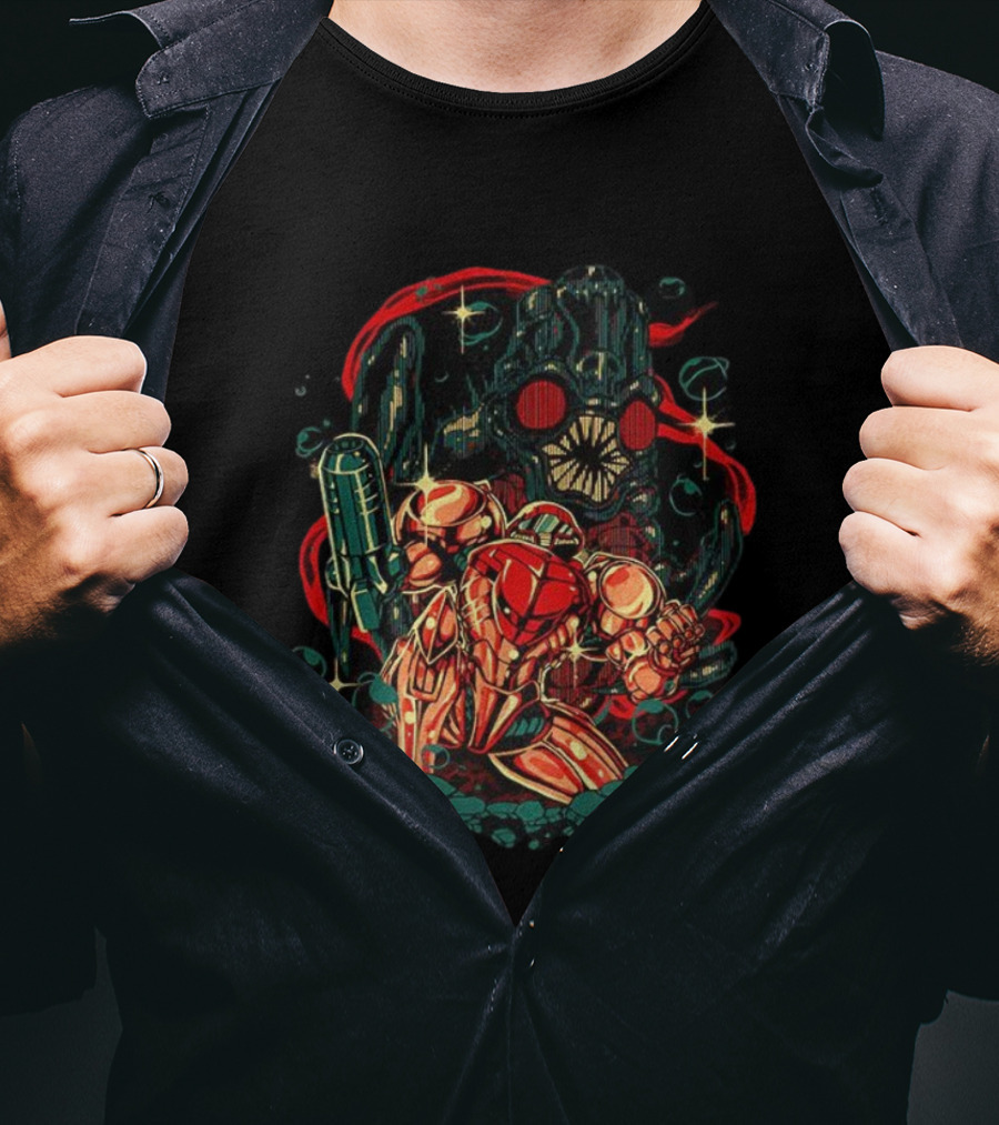 Samus Aran Vs Mother Brain Metroid In The Depths Adventure Showdown T-Shirt