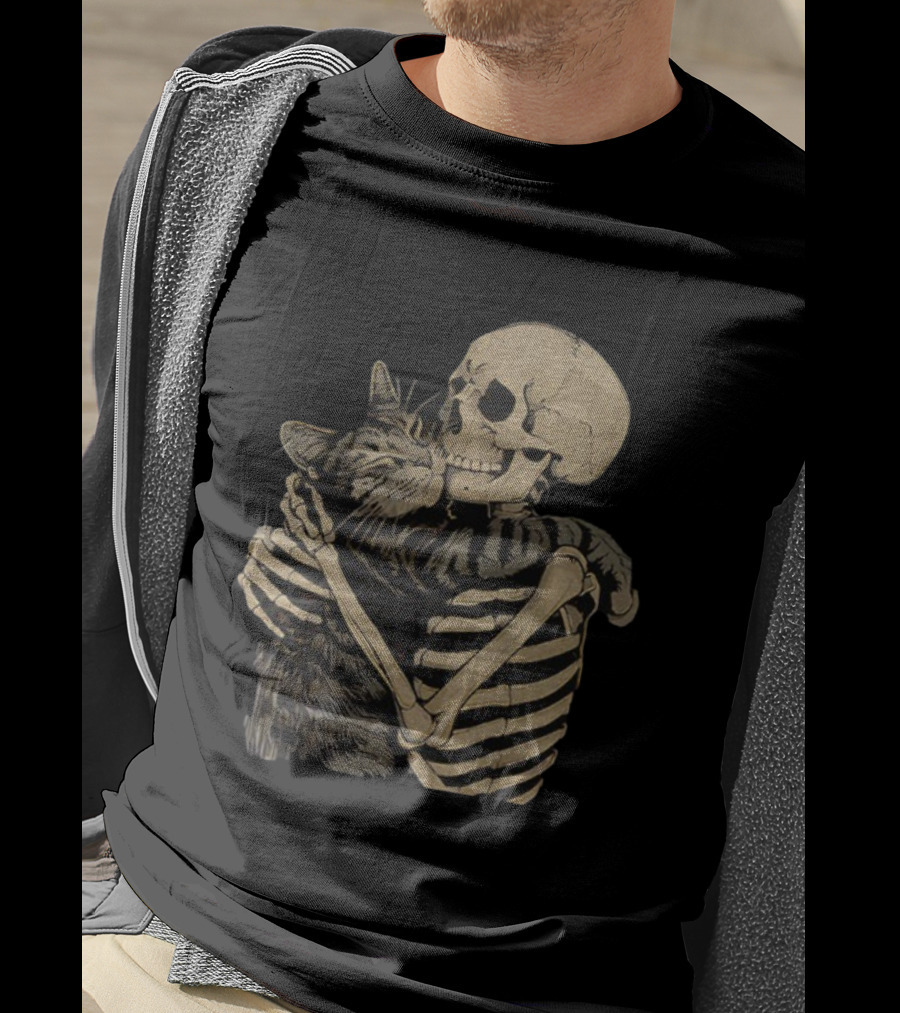 Skeleton Hugging Cat Gothic Skeleton Cat Hug T-Shirt