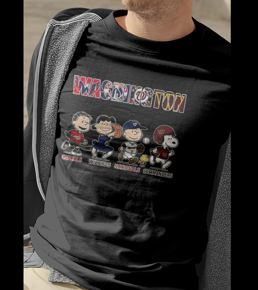 Peanuts Characters With Washington Capitals Wizards Nationals Commanders Logos T-Shirt