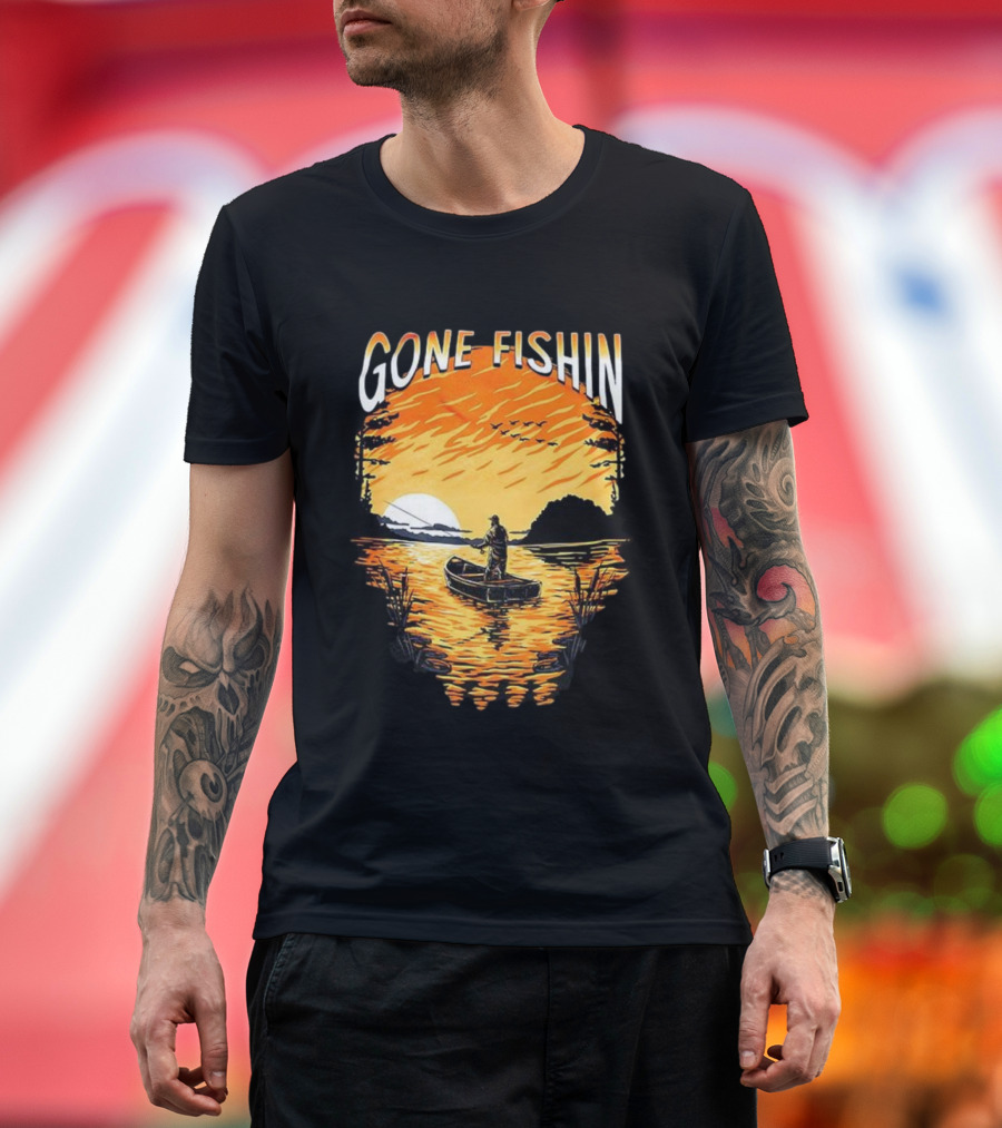 Gone Fishin Sunset Lake Boat Silhouette T-Shirt