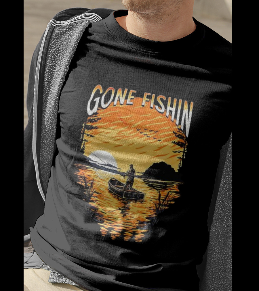 Gone Fishin Sunset Lake Boat Silhouette T-Shirt