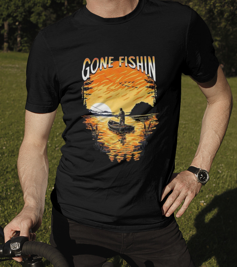Gone Fishin Sunset Lake Boat Silhouette T-Shirt