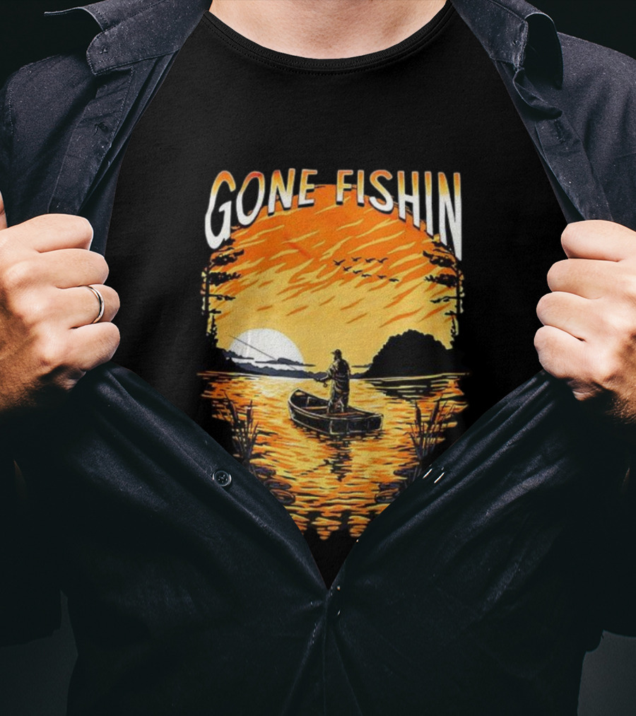 Gone Fishin Sunset Lake Boat Silhouette T-Shirt