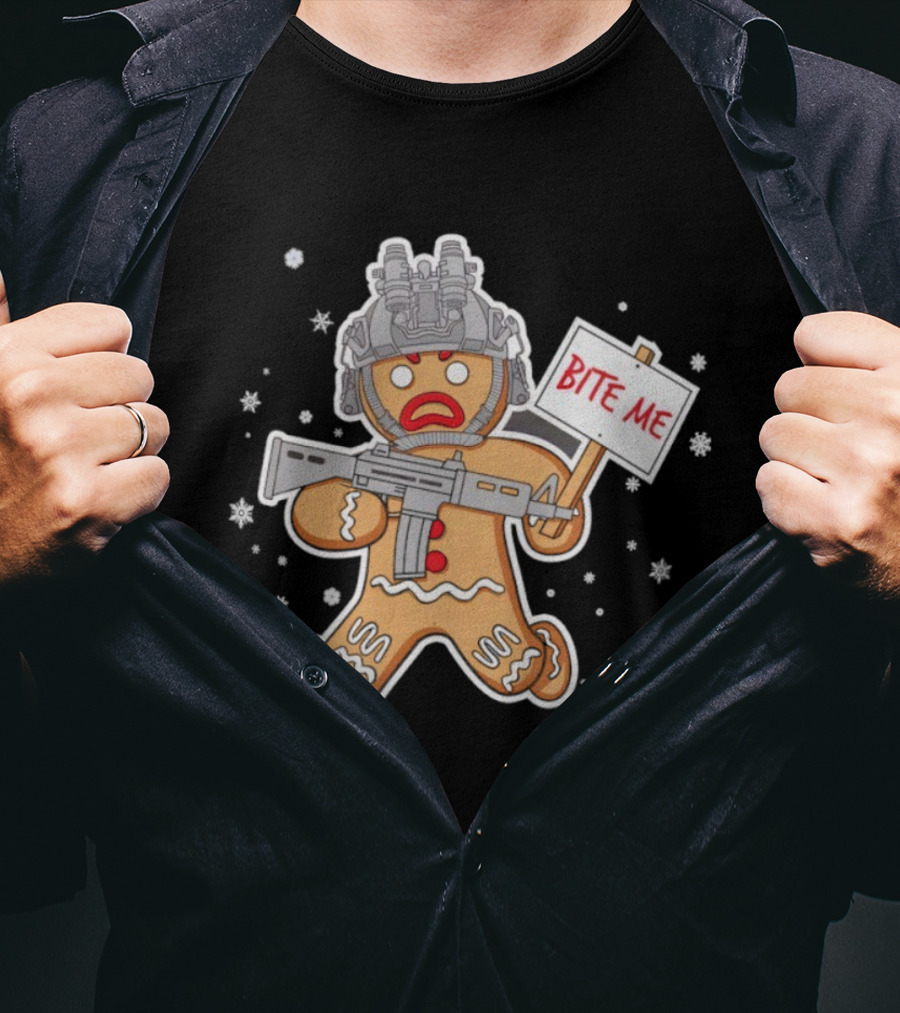 Bite Me Hostile Gingerbread Soldier Holding Sign With Weapon And Helmet T-Shirt