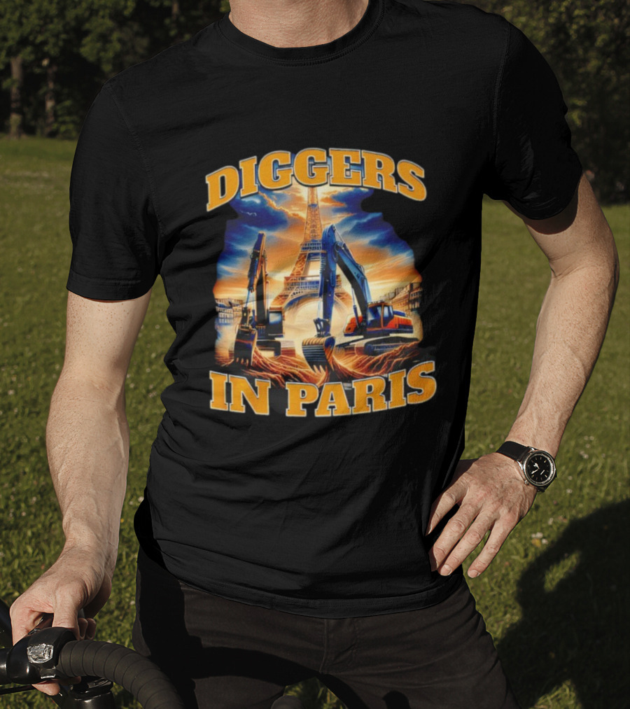 Diggers In Paris Eiffel Tower Excavators Scene T-Shirt