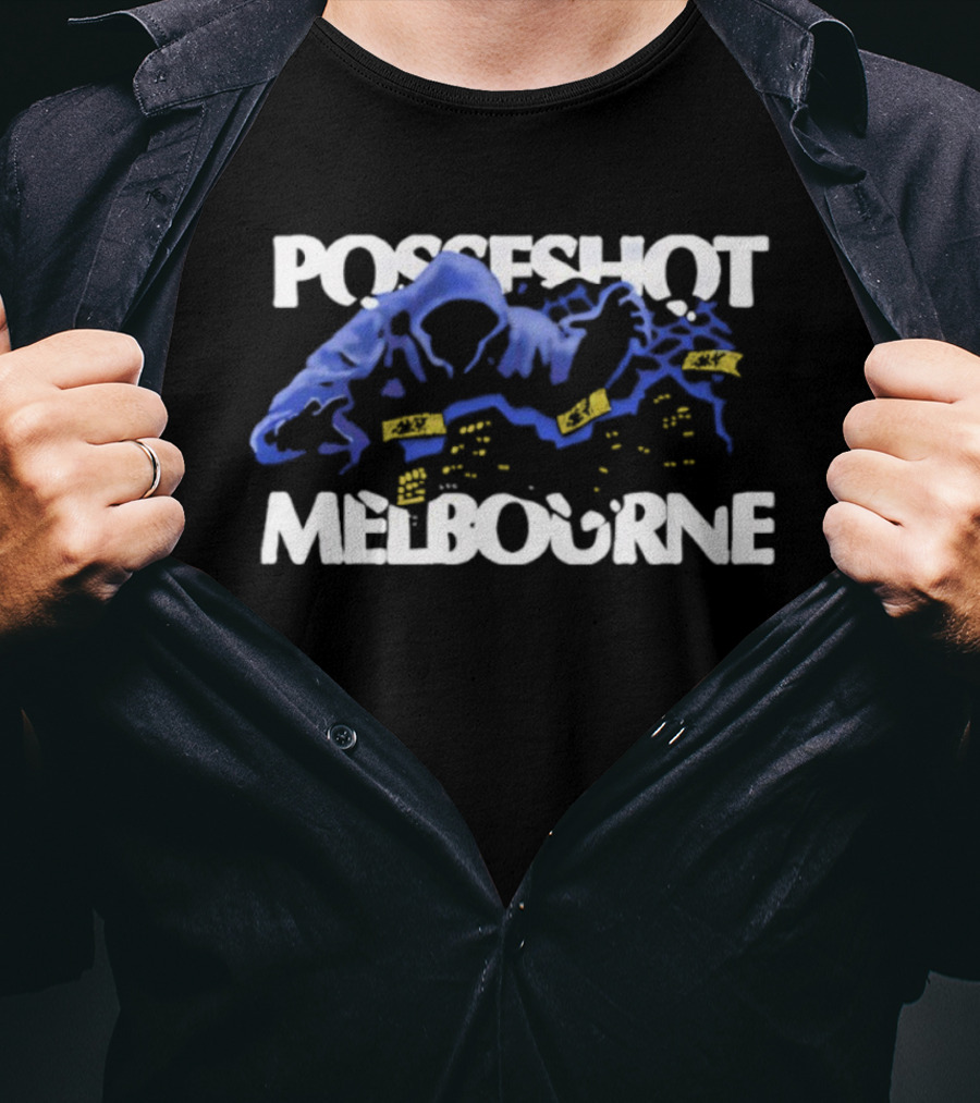 Posseshot Melbourne Ghost Town Blue Smoke Ghostly Cityscape T-Shirt