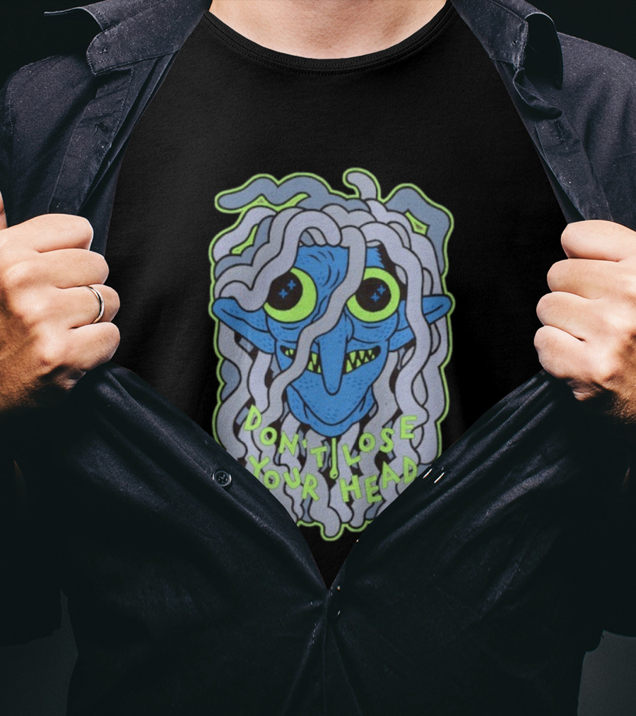 Head Lopper Don’t Lose Your Head Blue Monster Face Bright Green Eyes T-Shirt