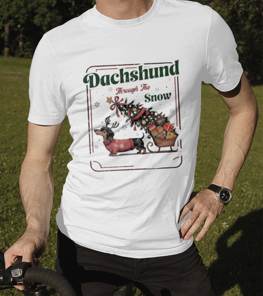 Dachshund Through The Snow Xmas Holiday Sled Presents T-Shirt