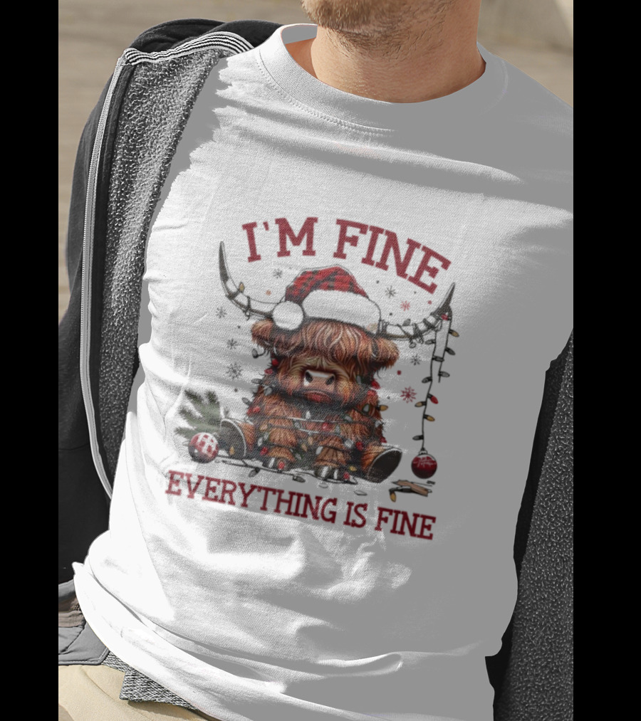 I'm Fine Everything Is Fine Christmas Lights Cow Holiday T-Shirt