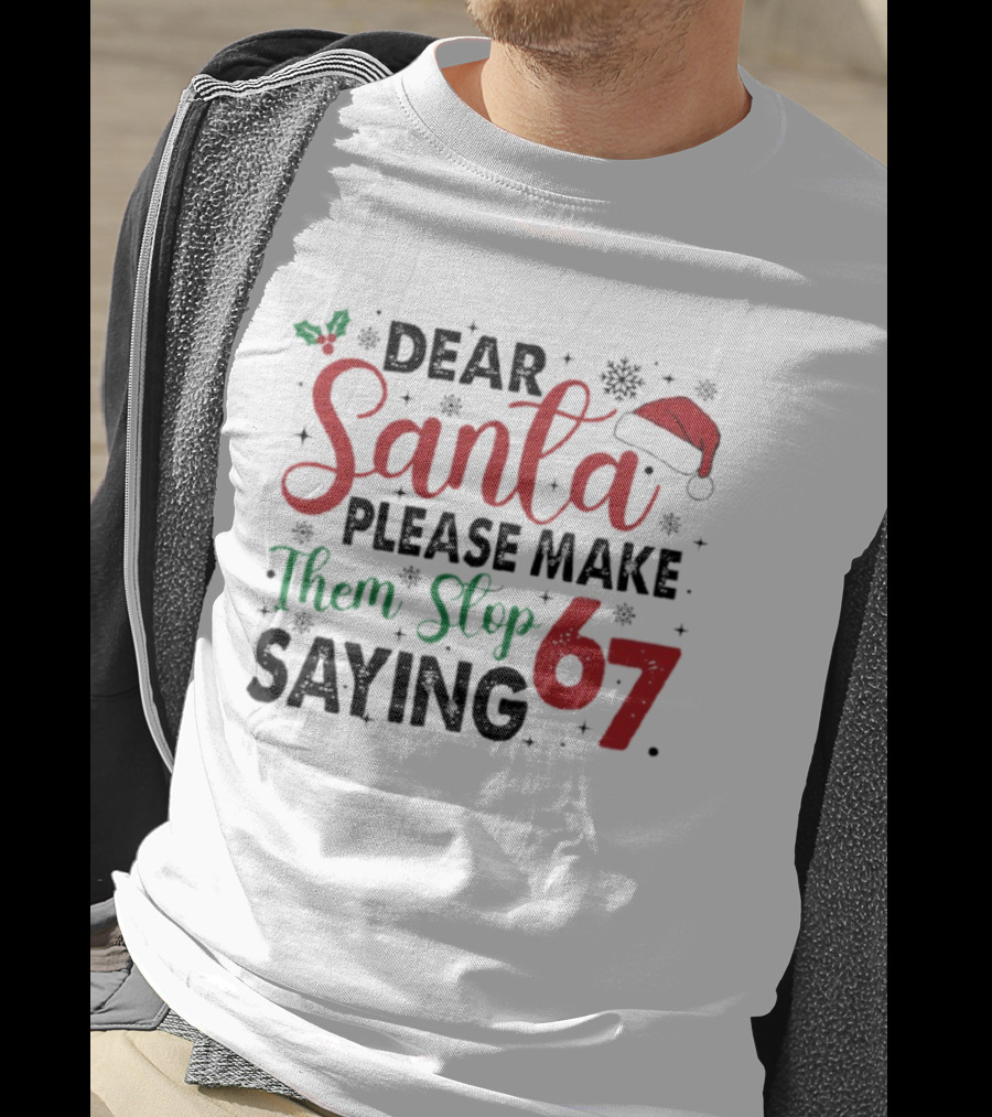 Dear Santa Please Make Them Stop Saying 67 Christmas Santa Hat Holly T-Shirt