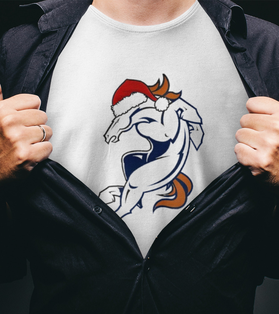Denver Broncos Christmas Santa Hat Football Fan Design T-Shirt