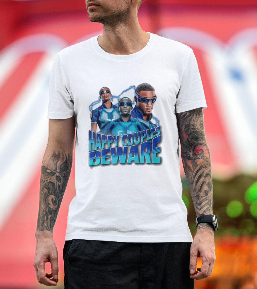 Happy Couples Beware Blue Outfits And Sunglasses Trio T-Shirt