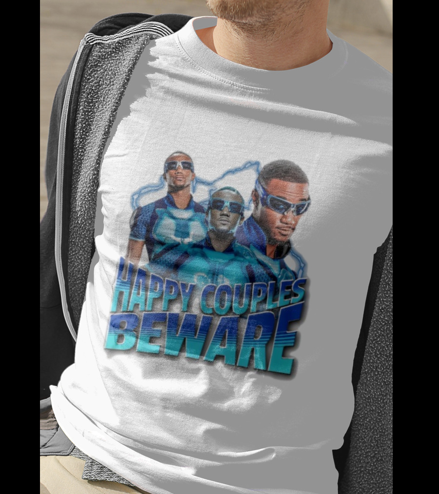 Happy Couples Beware Blue Outfits And Sunglasses Trio T-Shirt
