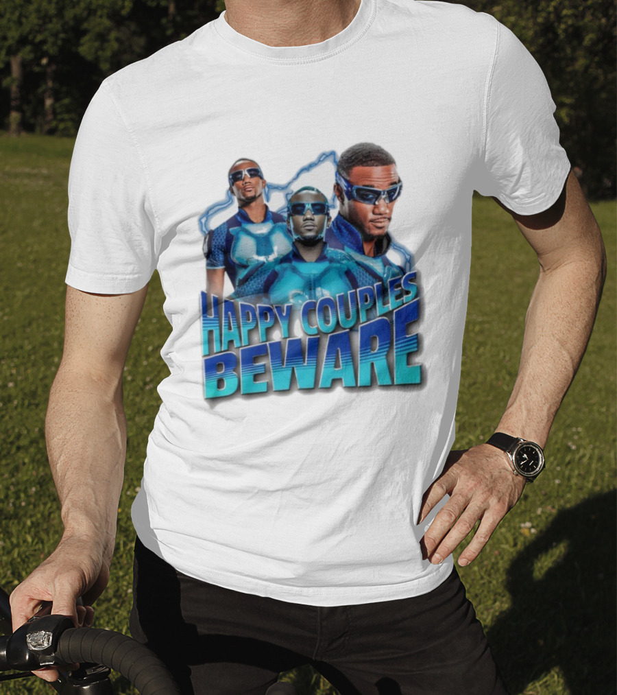 Happy Couples Beware Blue Outfits And Sunglasses Trio T-Shirt