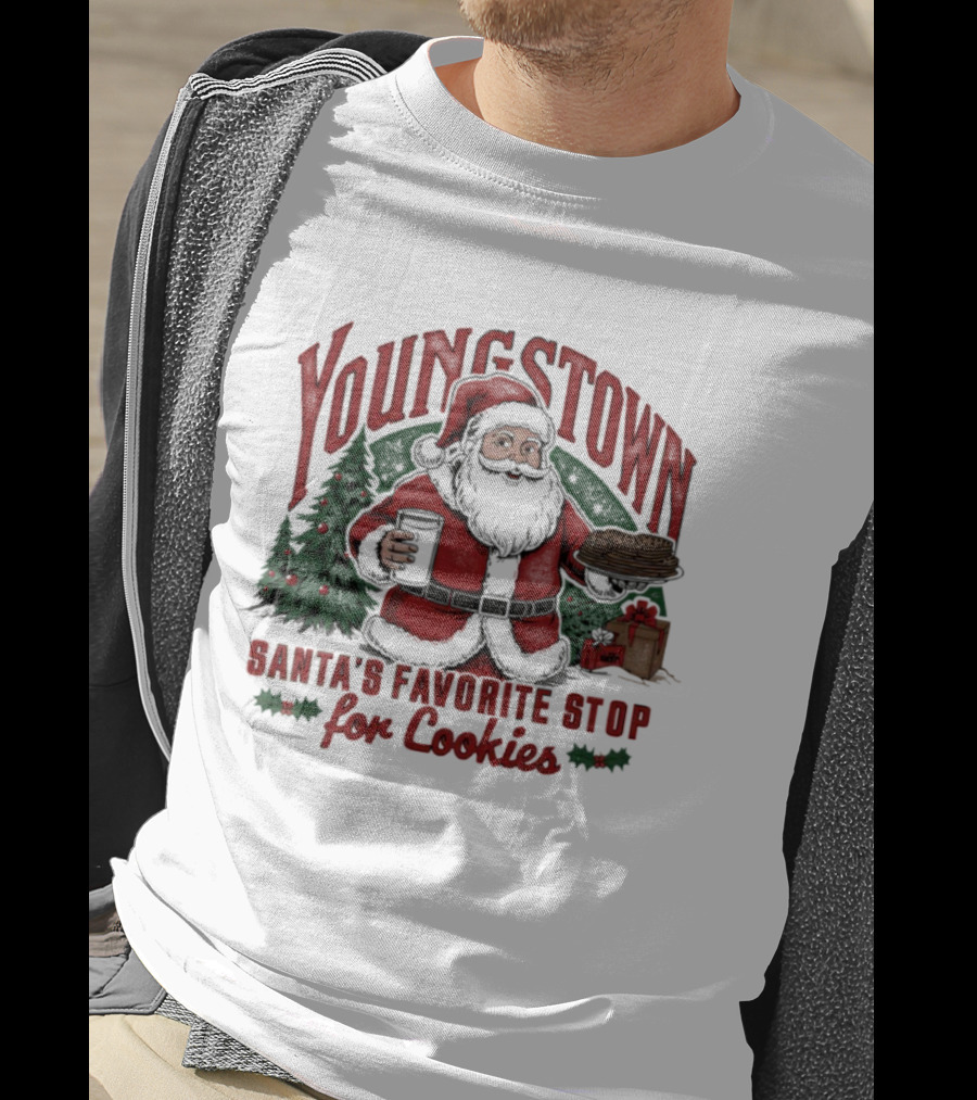 Youngstown Santa's Favorite Stop For Cookies Christmas Tree And Gifts T-Shirt