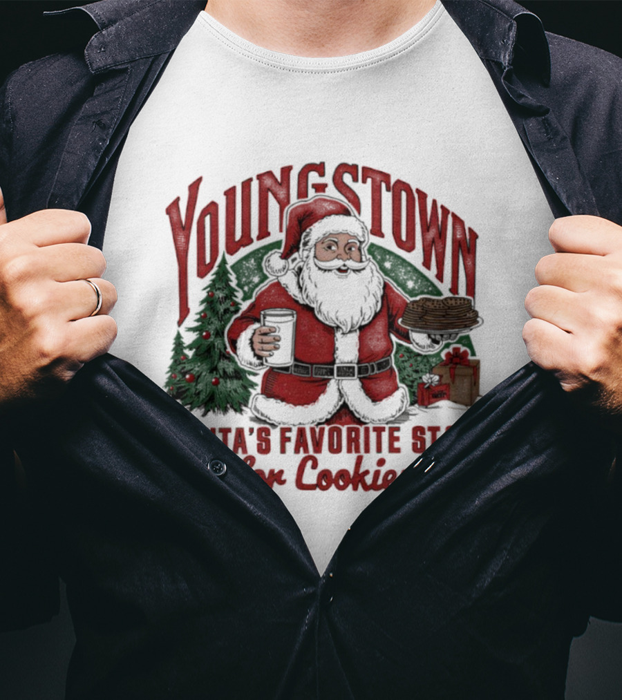 Youngstown Santa's Favorite Stop For Cookies Christmas Tree And Gifts T-Shirt