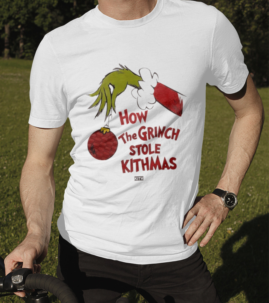 How The Grinch Stole Kithmas Green Figure Red Santa Hat Red Ornament T-Shirt