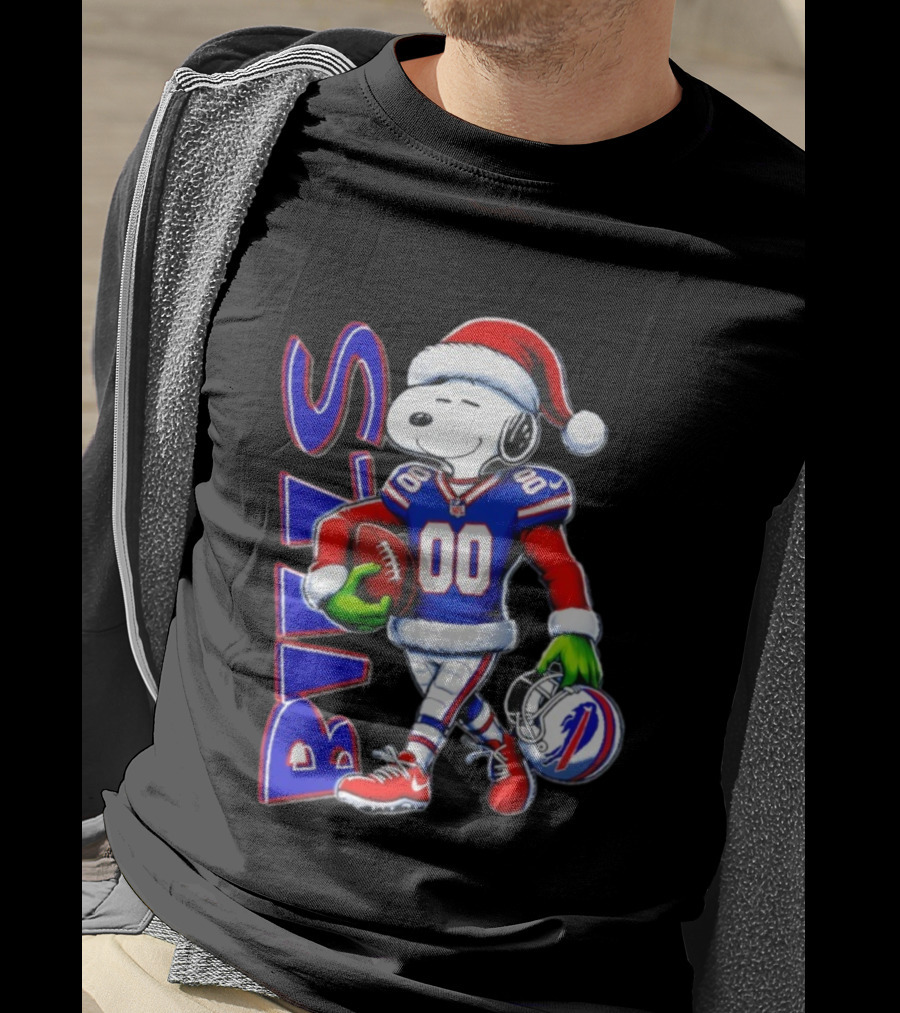 Buffalo Bills Snoopy Christmas NFL Football Player With Santa Hat And Grinch Hands T-Shirt