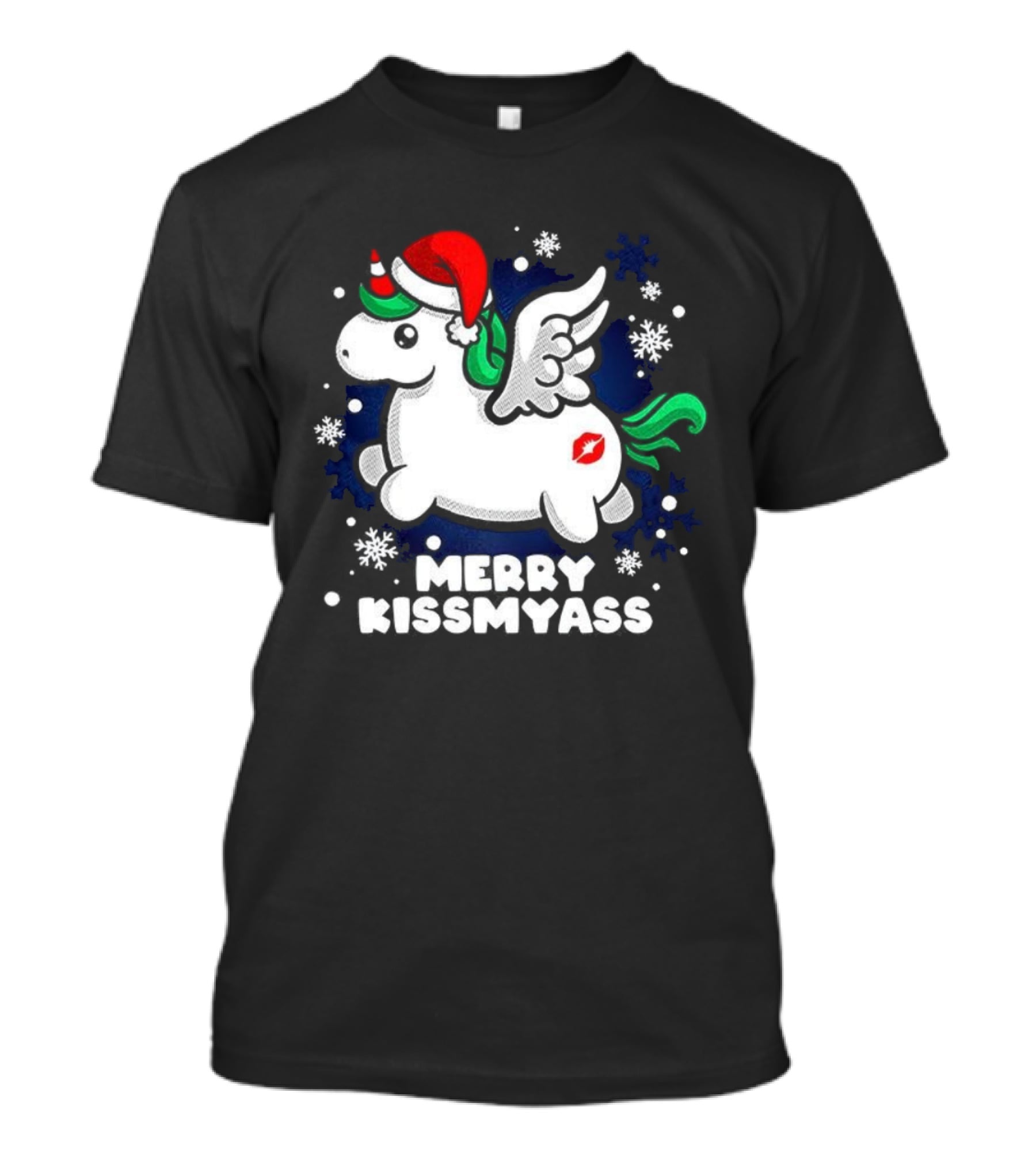 Merry Kissmyass Pegasus Santa Hat Snowflakes T-Shirt