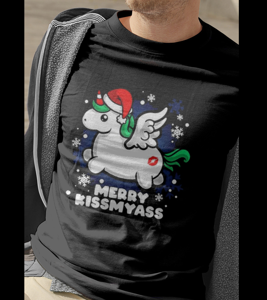 Merry Kissmyass Pegasus Santa Hat Snowflakes T-Shirt