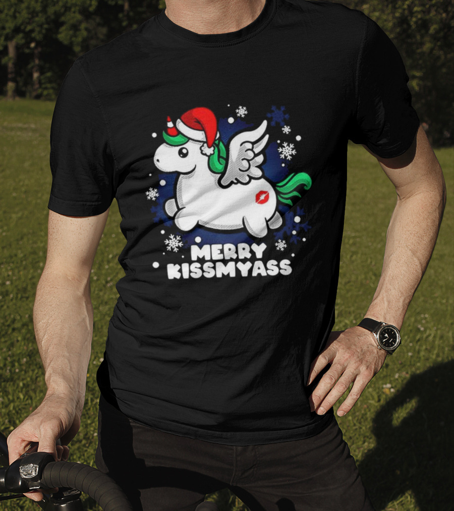 Merry Kissmyass Pegasus Santa Hat Snowflakes T-Shirt
