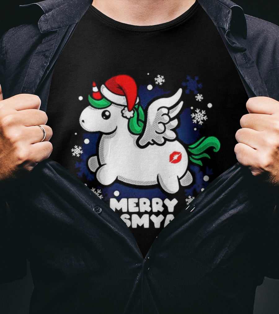 Merry Kissmyass Pegasus Santa Hat Snowflakes T-Shirt
