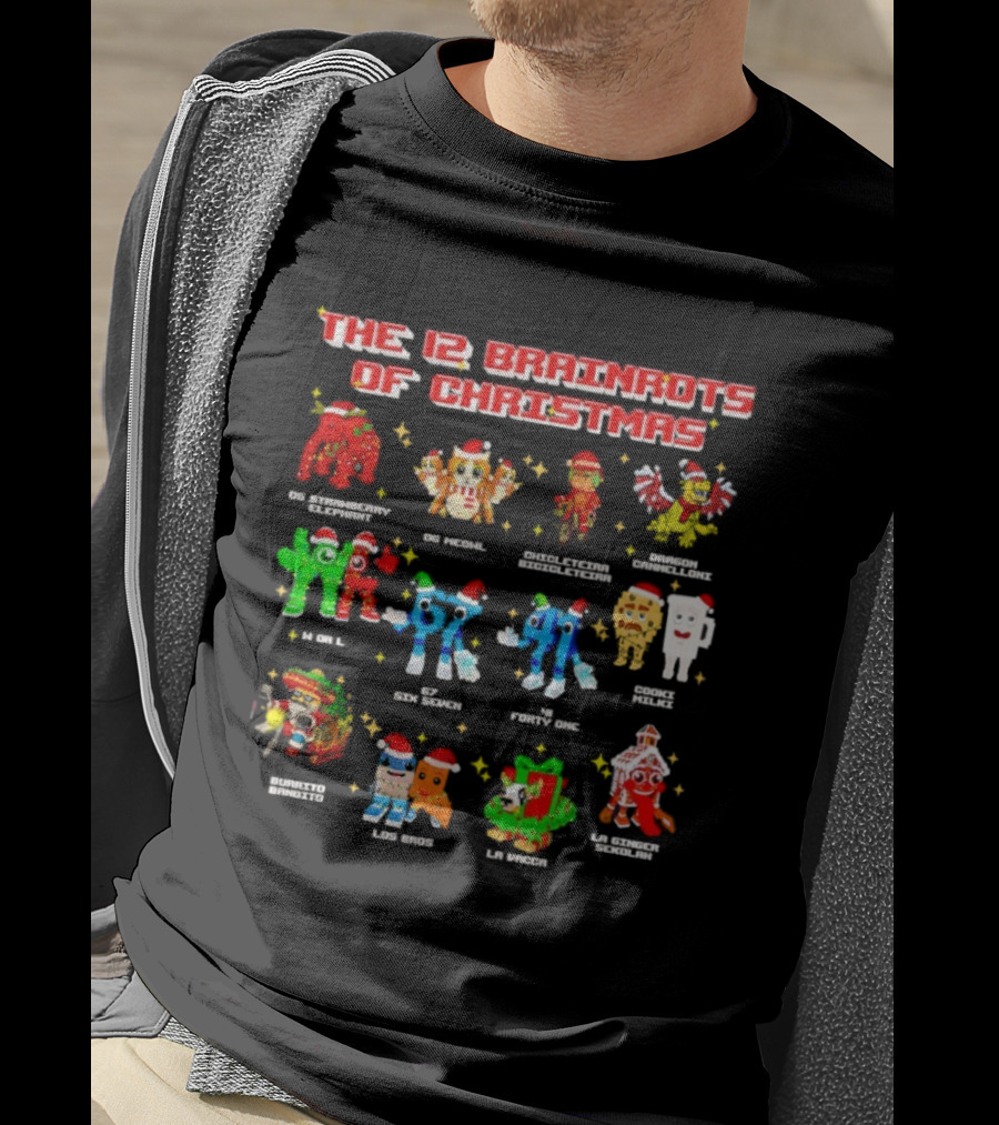 The 12 Brainrots Of Christmas Funny Festive Characters Santa Hats T-Shirt