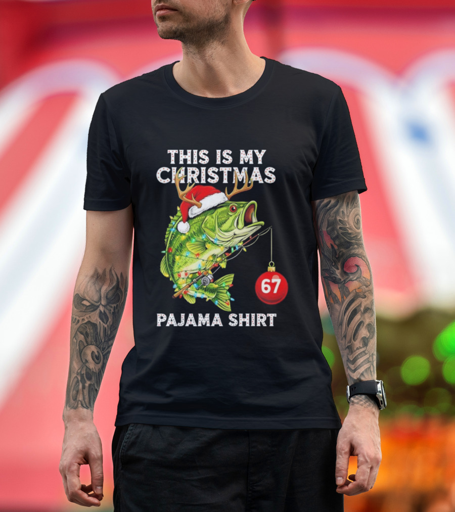 This Is My Christmas Pajama Bass Fish Santa Hat Lights Reindeer Antlers 67 Ornament T-Shirt