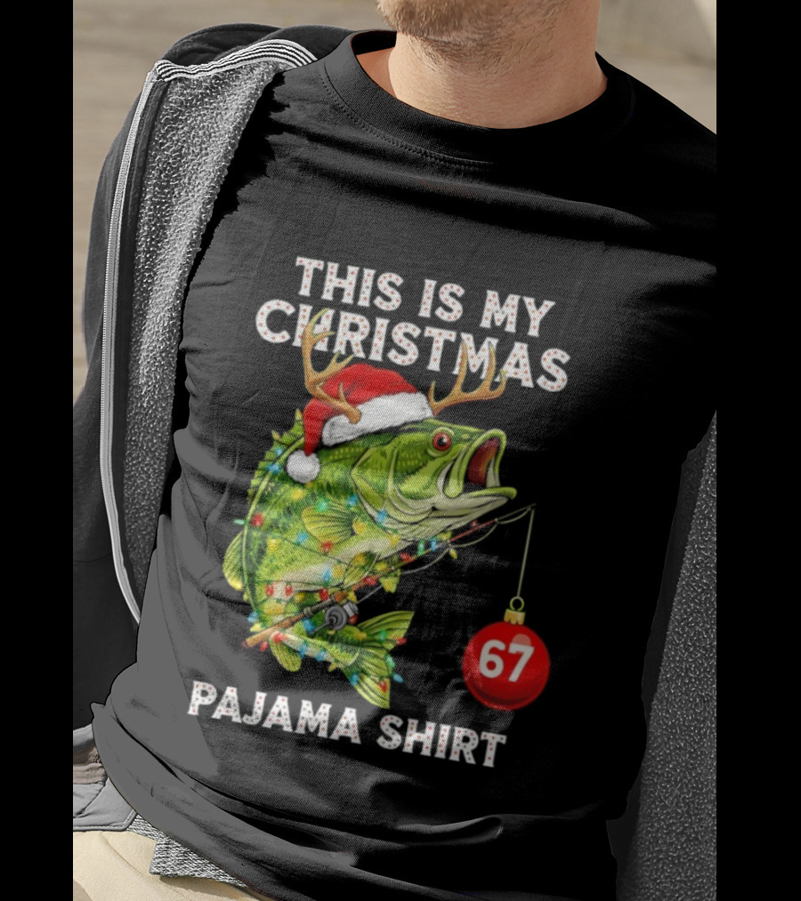 This Is My Christmas Pajama Bass Fish Santa Hat Lights Reindeer Antlers 67 Ornament T-Shirt