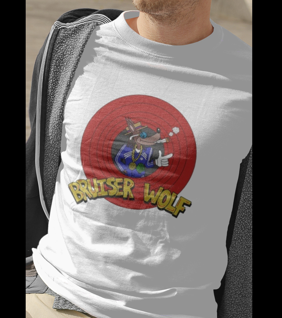 Bruiser Wolf Cartoon Vibes Smoking Character In Circular Red Background T-Shirt