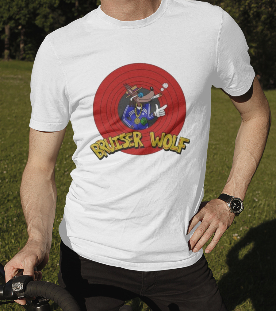 Bruiser Wolf Cartoon Vibes Smoking Character In Circular Red Background T-Shirt