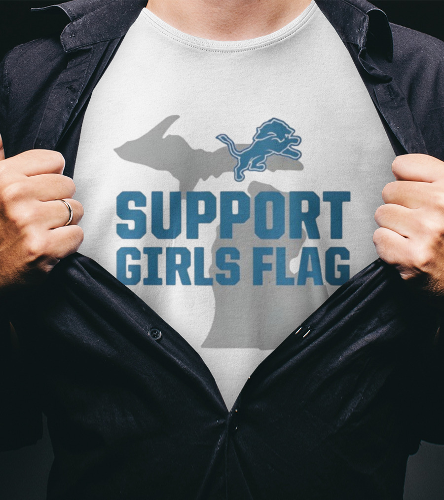 Detroit Lions Support Girls Flag Michigan Map T-Shirt