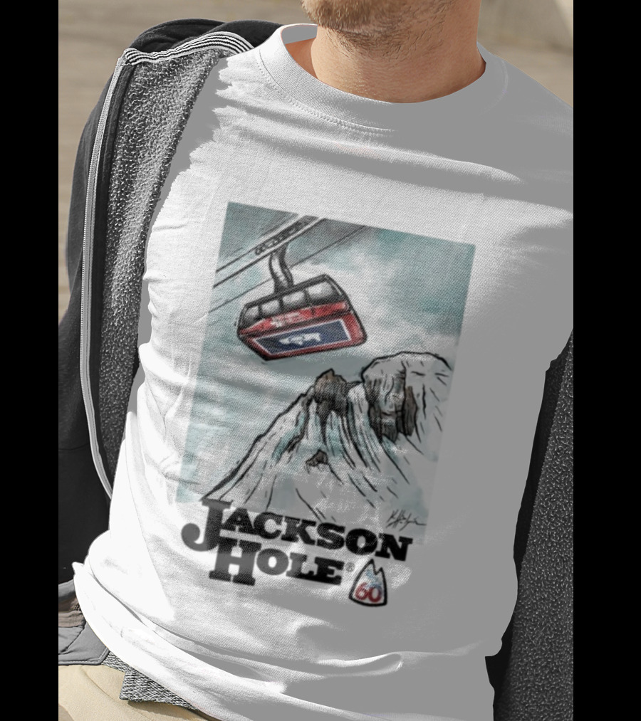 Jackson Hole 60th Anniversary Kelly Halpin Ski Tram Mountain Scene T-Shirt