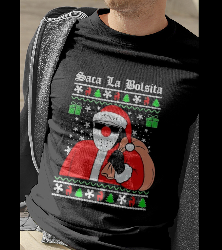 Saca La Bolsita Ugly Xmas Santa With Sunglasses And Bag Snowflakes Christmas Trees T-Shirt