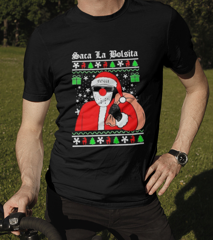 Saca La Bolsita Ugly Xmas Santa With Sunglasses And Bag Snowflakes Christmas Trees T-Shirt