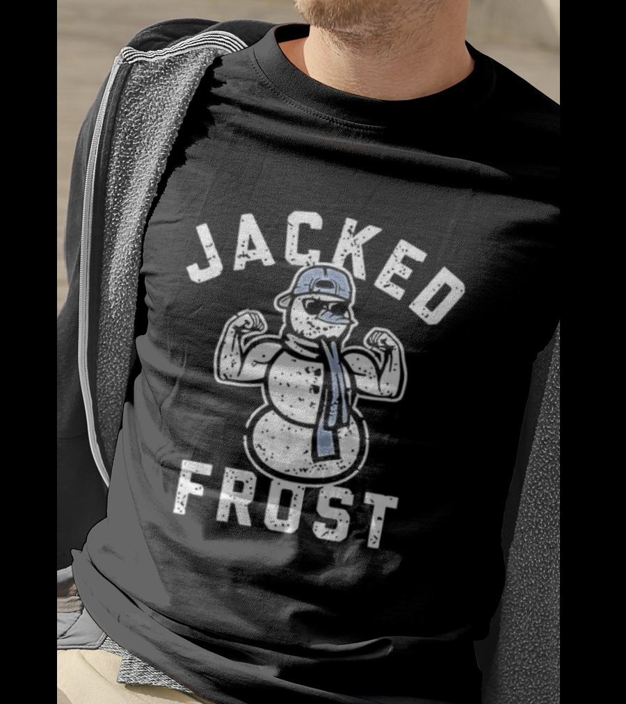 Jacked Frost Snowman Flexing Muscles With Winter Hat And Scarf T-Shirt