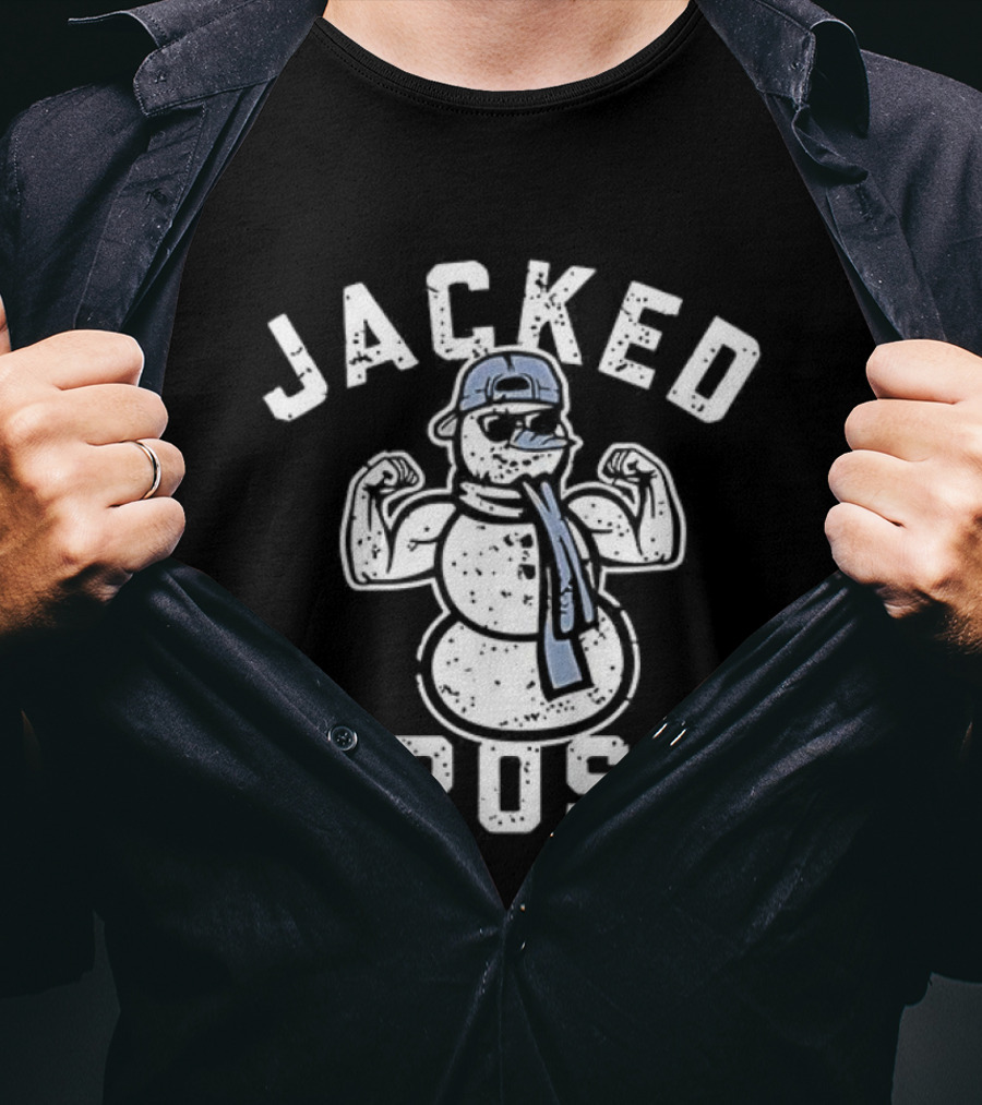 Jacked Frost Snowman Flexing Muscles With Winter Hat And Scarf T-Shirt
