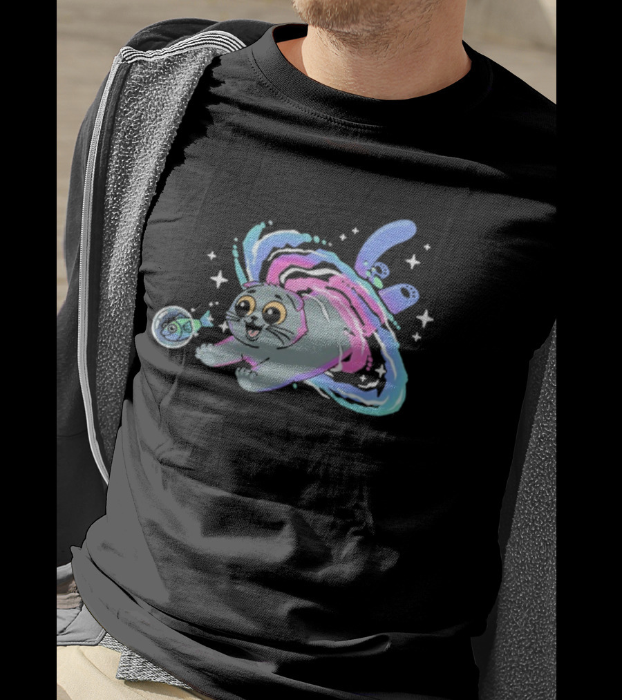 Vegetta777 Do Cats Dream Of Space Cosmic Adventure Cat And Fish In Space Dreams T-Shirt