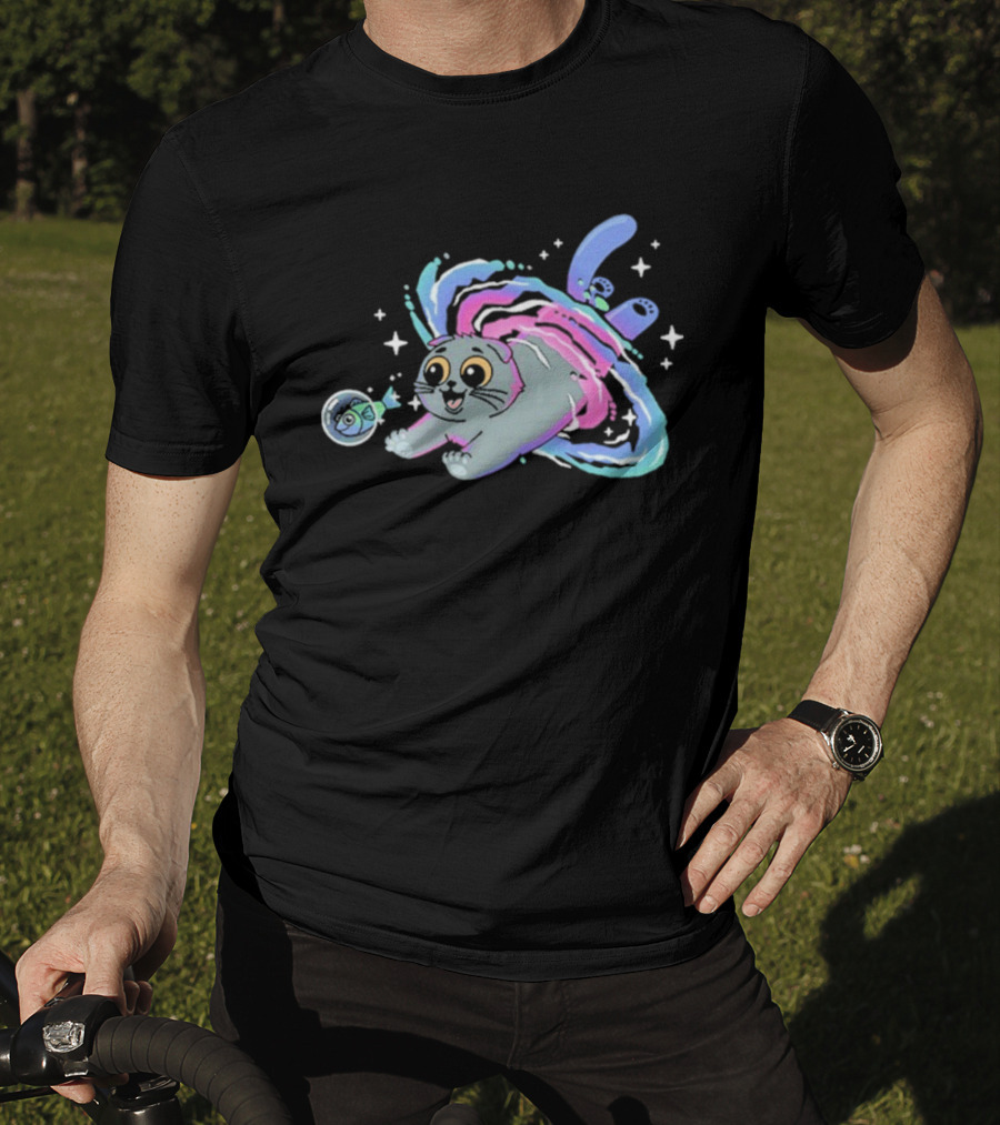 Vegetta777 Do Cats Dream Of Space Cosmic Adventure Cat And Fish In Space Dreams T-Shirt