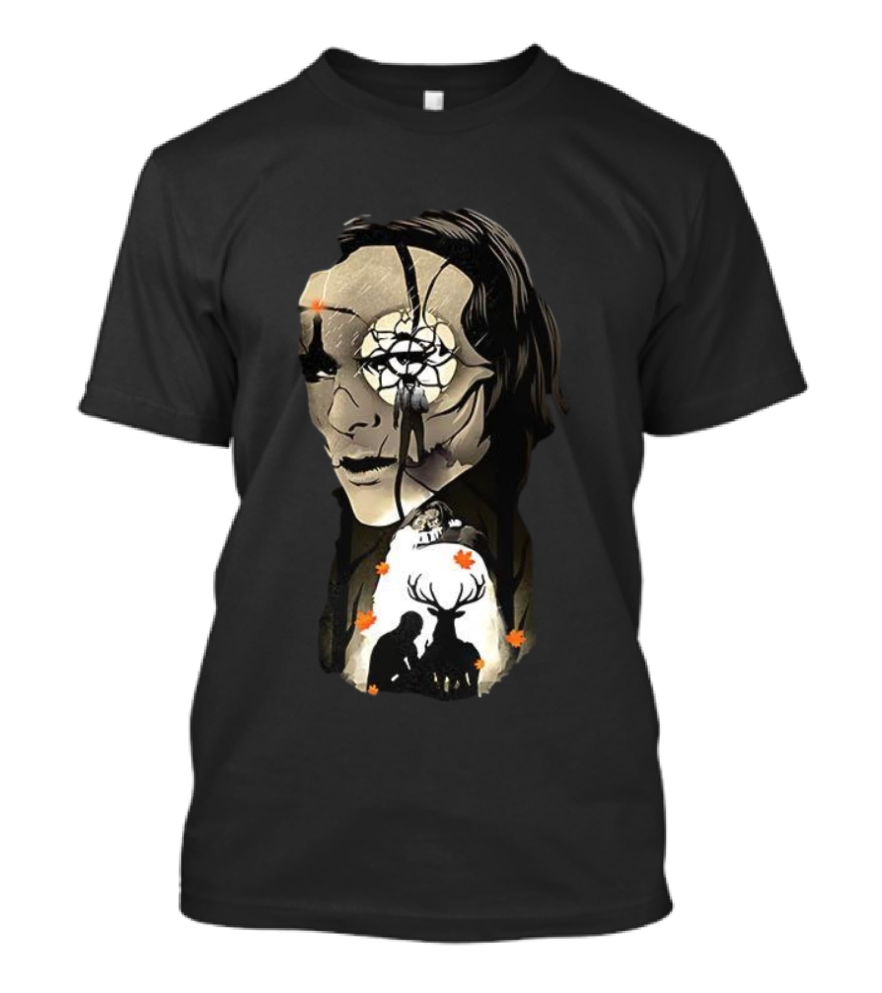 The Gentle Monster Face And Autumn Leaves With Silhouettes Of People And Deer T-Shirt