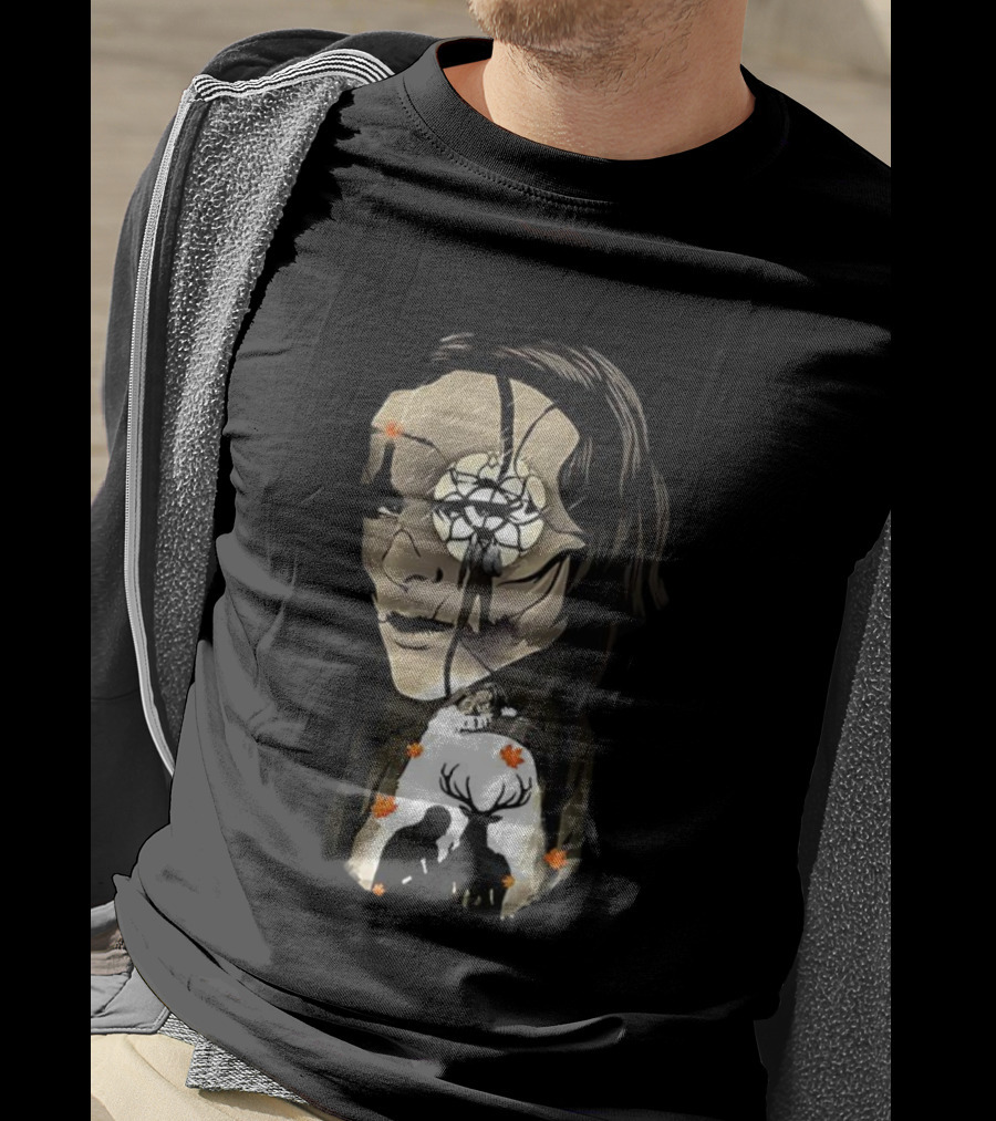 The Gentle Monster Face And Autumn Leaves With Silhouettes Of People And Deer T-Shirt