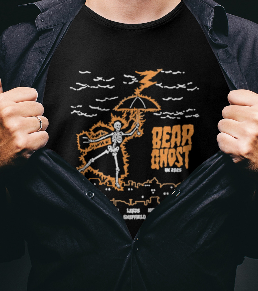 Bear Ghost UK Tour 2025 Skeleton Lightning Umbrella Cities Text T-Shirt