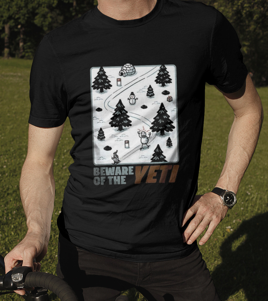 Beware Of The Yeti Funny Cartoon Ski Slope Scene T-Shirt