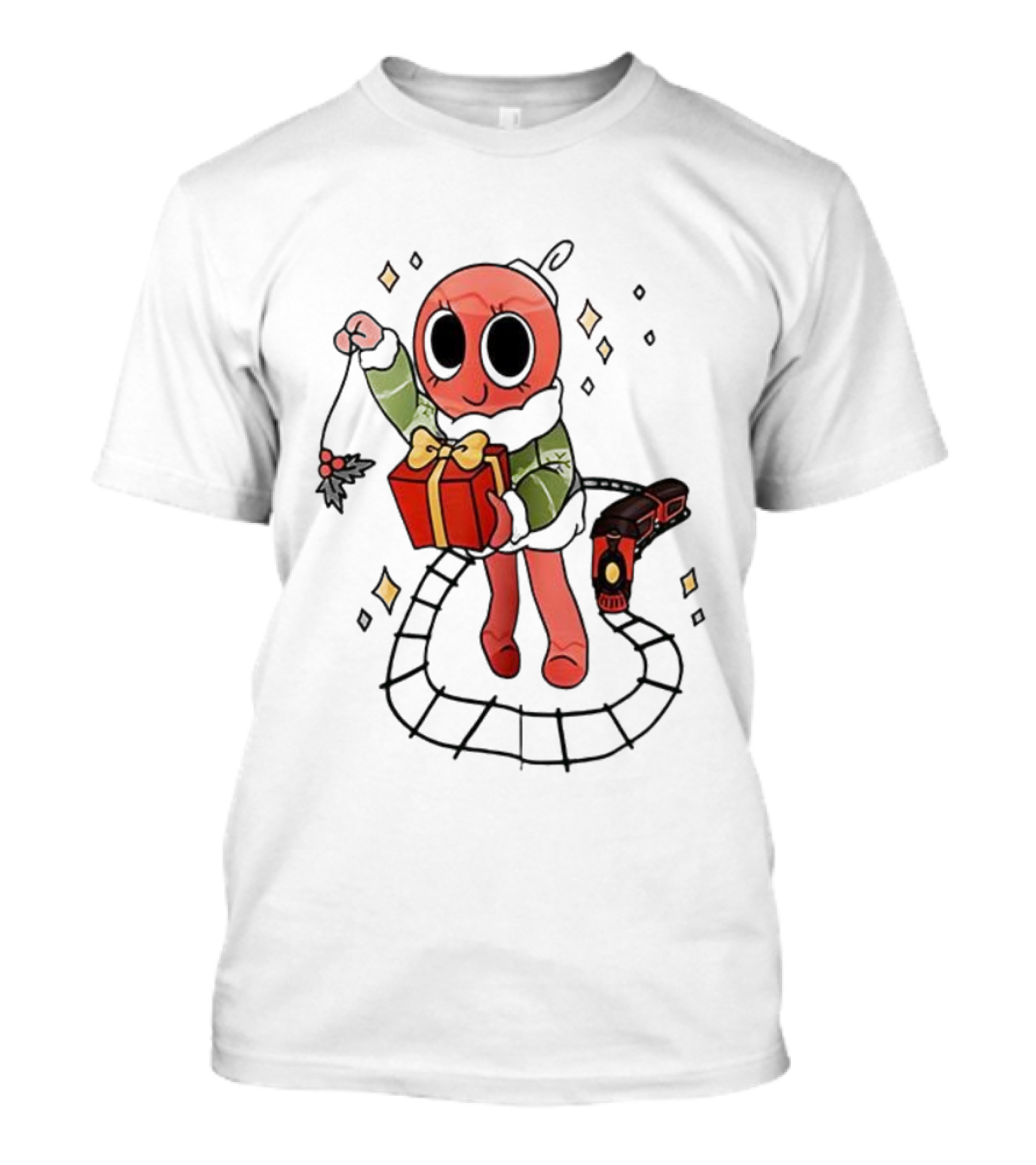 Bobette Light Green Cartoon Character Holding Gift With Train Elements T-Shirt